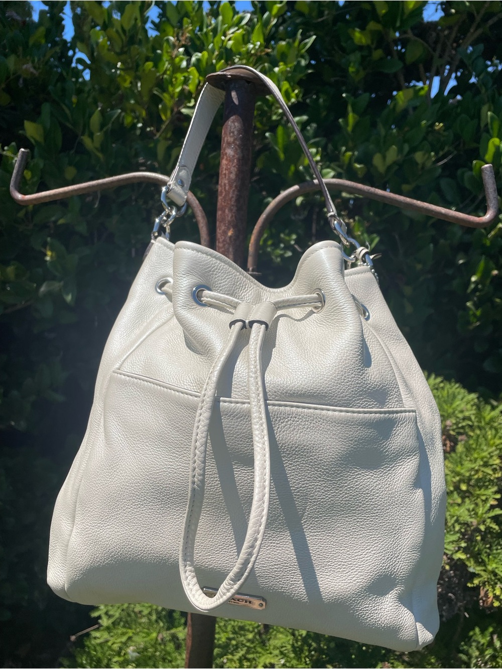 Coach Avery F27003 Pearl Pebbled Leather Drawstring Bucket Bag Crossbody Tassel